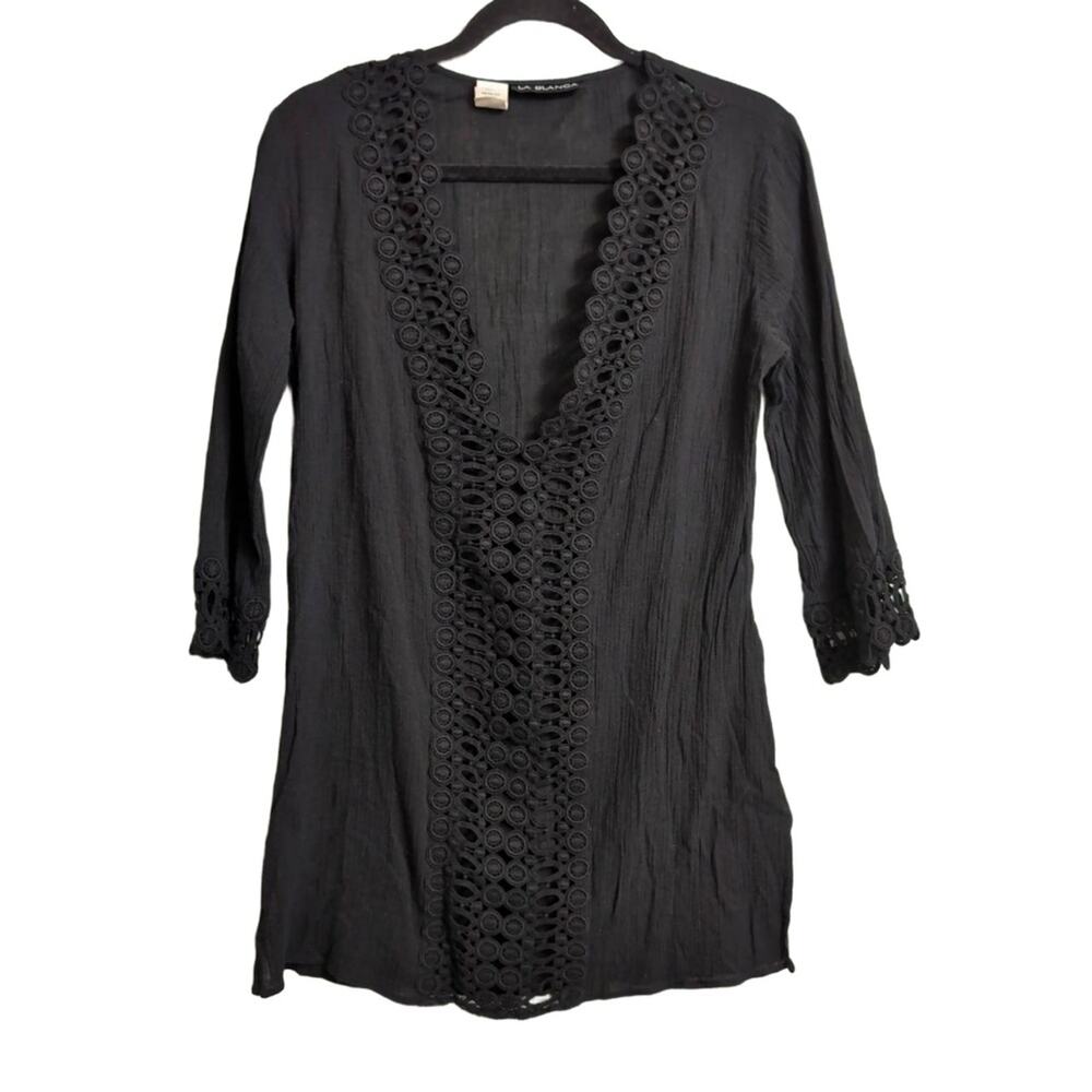 LA BLANCA Black Crochet V-Neck Crinkle Resort Tunic Cover Up XS